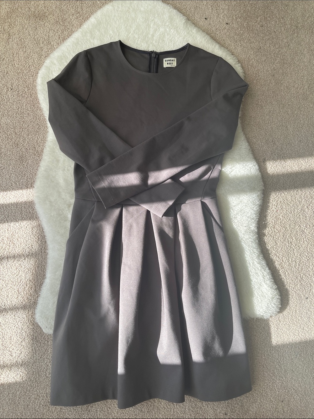Sunday Best Gray Long-Sleeve Pleated Waist Dress with Pockets